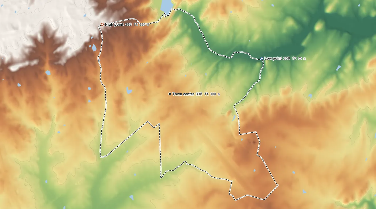 Topographic elevation map of Midland, Virginia, shaded from 250 ft on the east side to 390 ft on the northwest side
