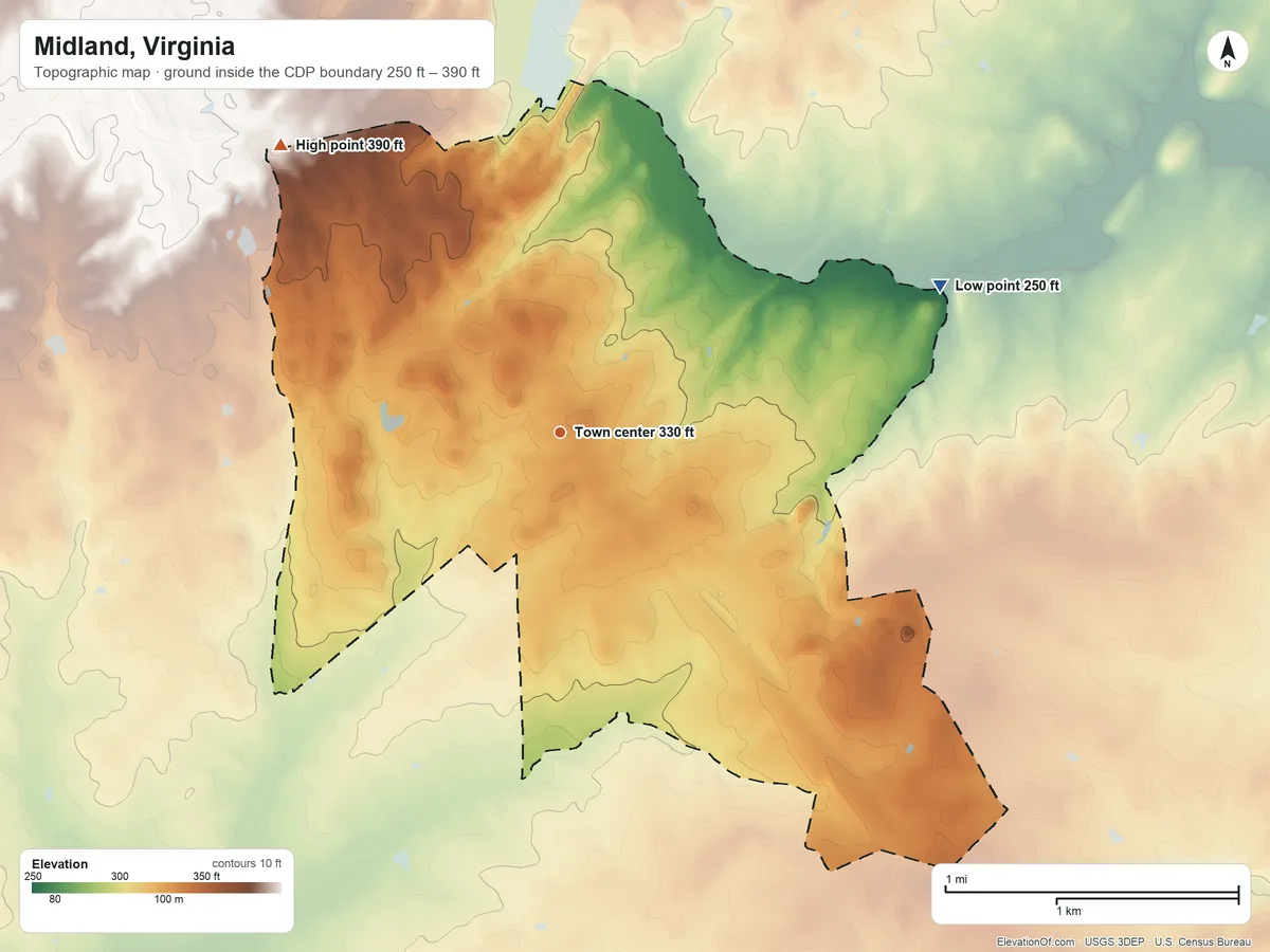 Topographic elevation map of Midland, Virginia, shaded from 250 ft on the east side to 390 ft on the northwest side