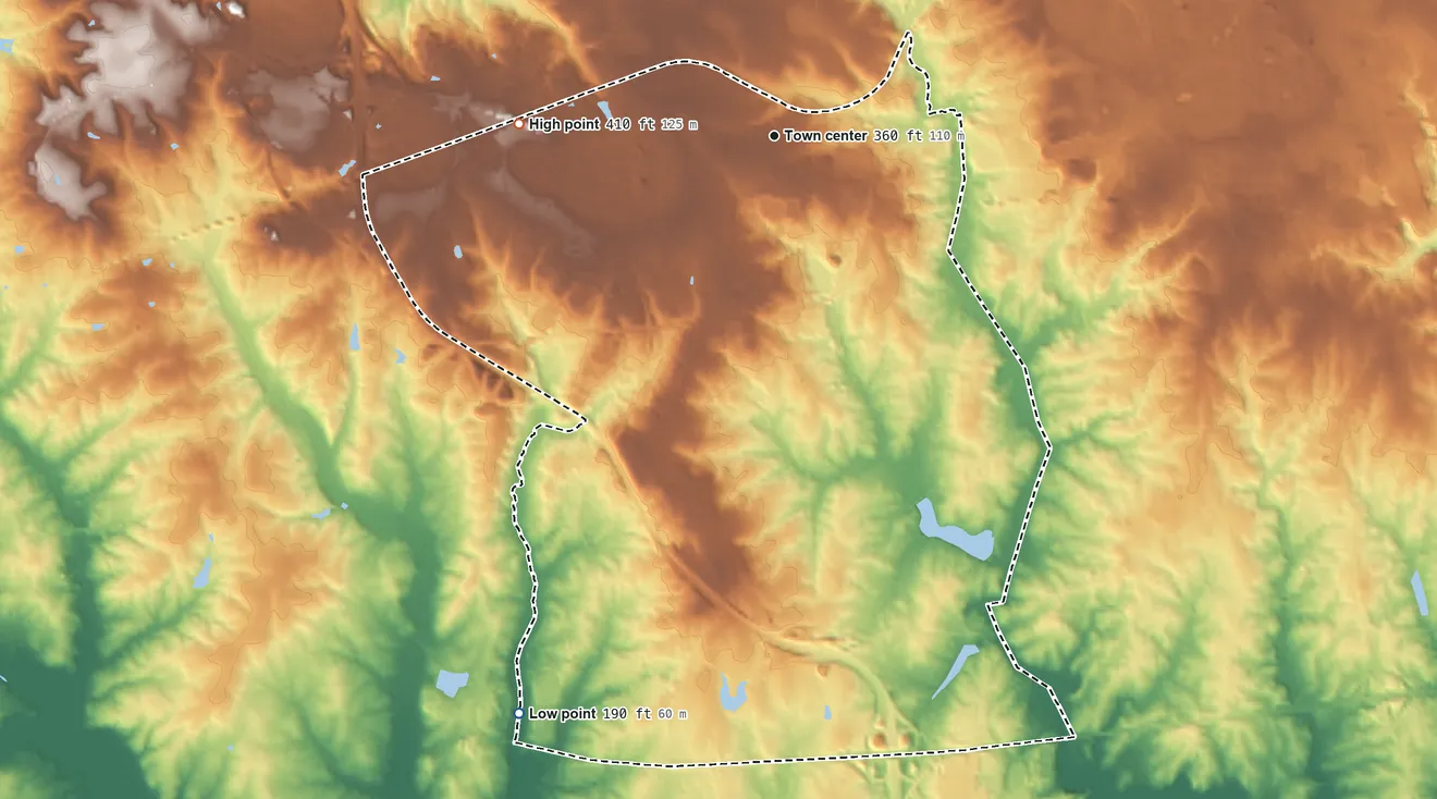 Topographic elevation map of Midlothian, Virginia, shaded from 190 ft on the southwest side to 410 ft on the west side