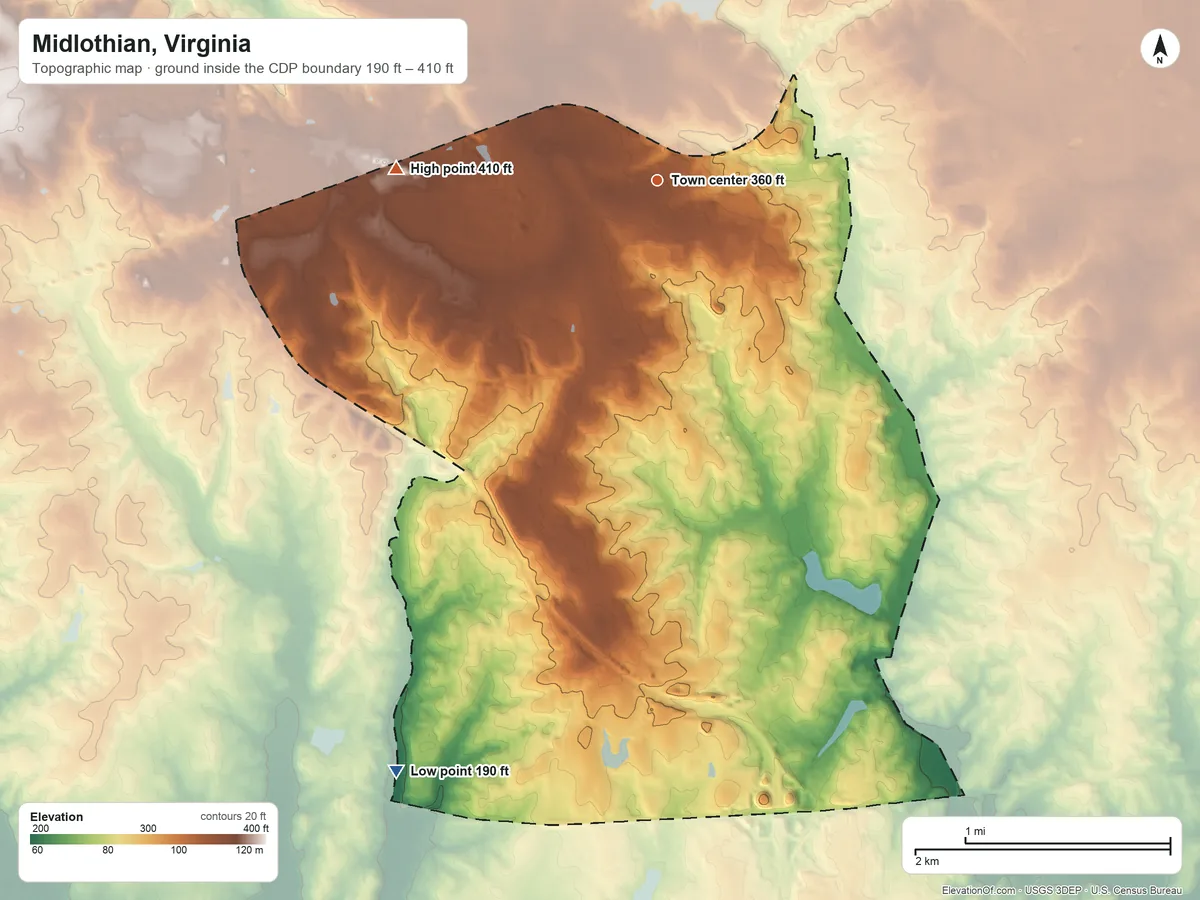 Topographic elevation map of Midlothian, Virginia, shaded from 190 ft on the southwest side to 410 ft on the west side
