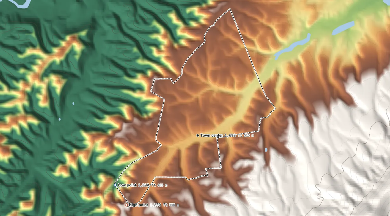 Topographic elevation map of Millboro, Virginia, shaded from 1,590 ft on the southwest side to 1,800 ft at the foot of the Little Mountain