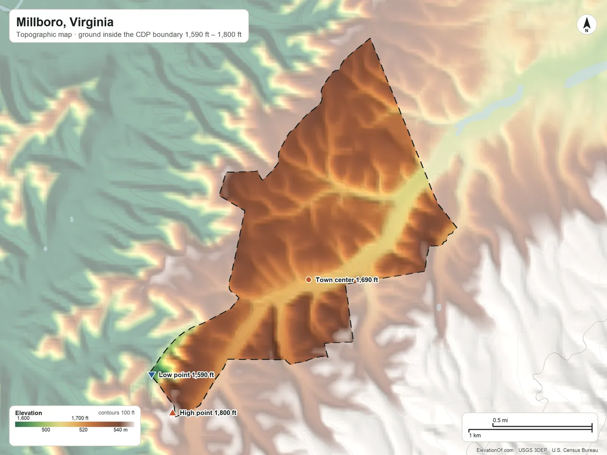 Topographic elevation map of Millboro, Virginia, shaded from 1,590 ft on the southwest side to 1,800 ft at the foot of the Little Mountain