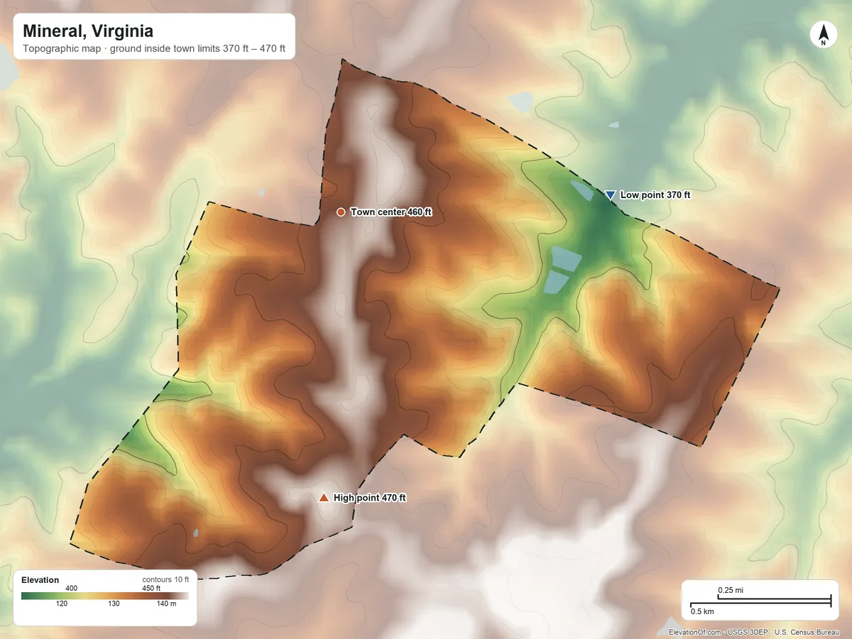 Topographic elevation map of Mineral, Virginia, shaded from 370 ft on the east side to 470 ft on the south side