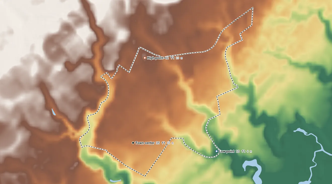 Topographic elevation map of Modest Town, Virginia, shaded from 13 ft on the east side to 42 ft on the north side