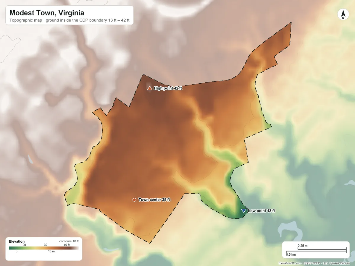 Topographic elevation map of Modest Town, Virginia, shaded from 13 ft on the east side to 42 ft on the north side