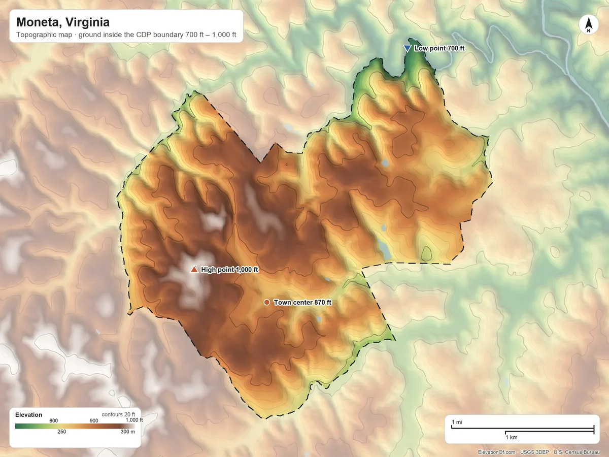 Topographic elevation map of Moneta, Virginia, shaded from 700 ft on the northeast side to 1,000 ft on the northwest side