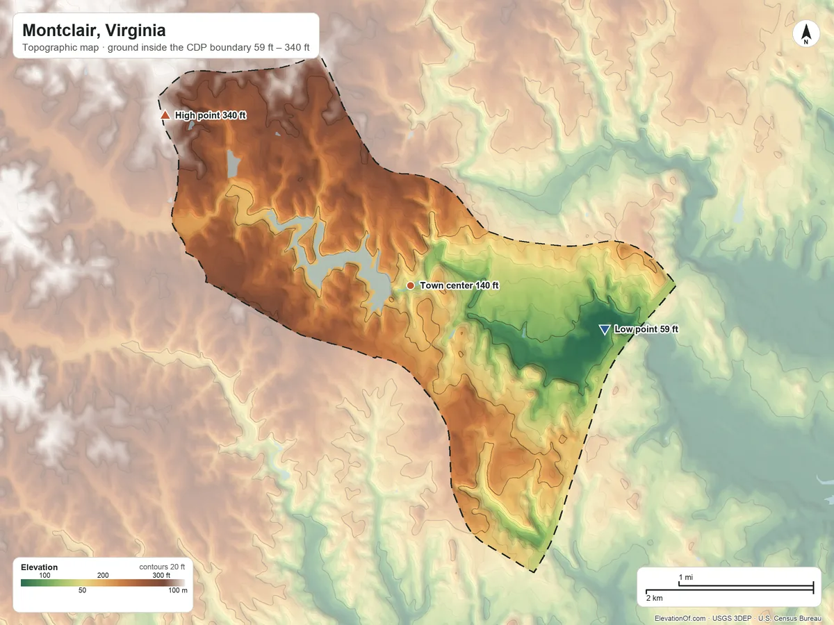 Topographic elevation map of Montclair, Virginia, shaded from 59 ft on the east side to 340 ft on the northwest side