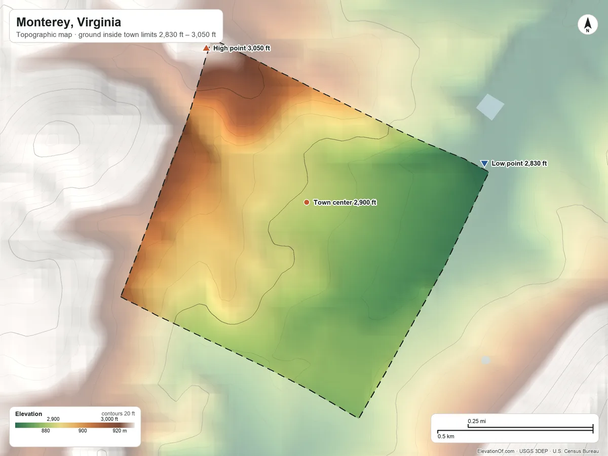 Topographic elevation map of Monterey, Virginia, shaded from 2,830 ft on the east side to 3,050 ft on the northwest edge, below higher ground just outside