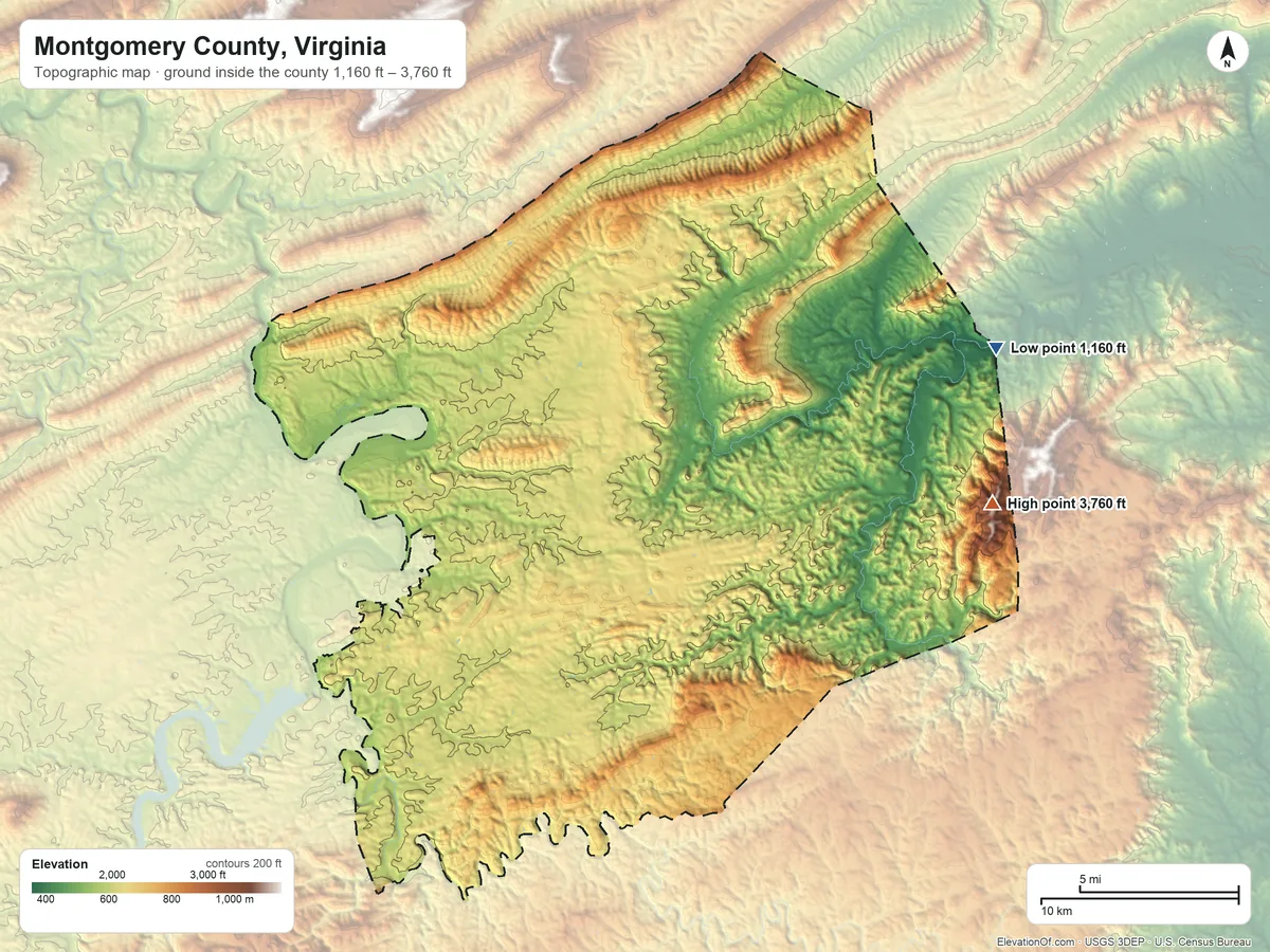 Topographic elevation map of Montgomery County, Virginia, shaded from 1,160 ft on the east side to 3,760 ft on the east side