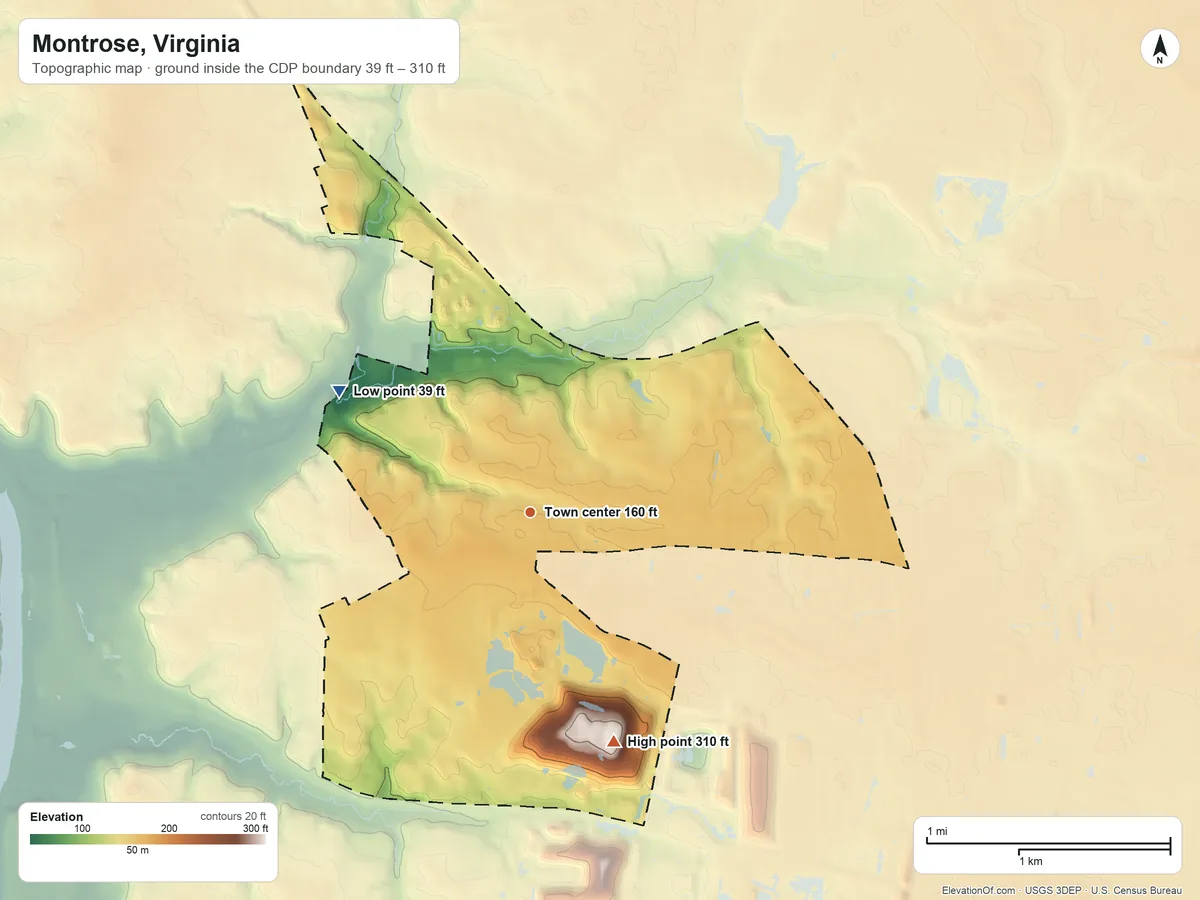 Topographic elevation map of Montrose, Virginia, shaded from 39 ft on the northwest side to 310 ft on the south side