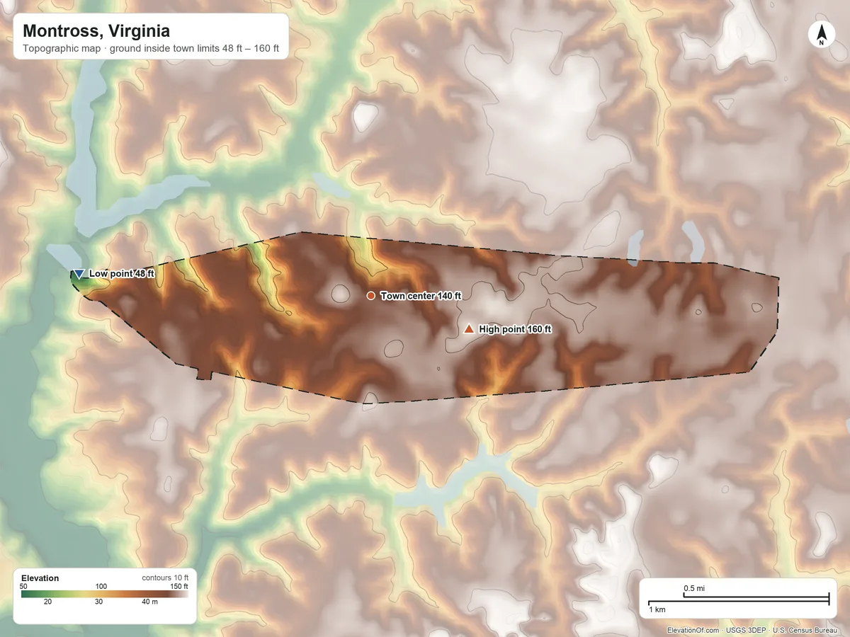 Topographic elevation map of Montross, Virginia, shaded from 48 ft on the west side to 160 ft on the east side