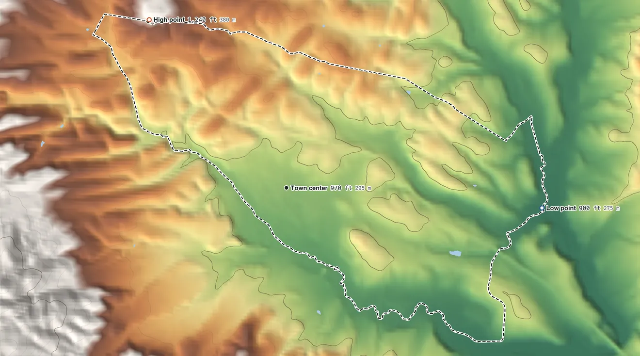 Topographic elevation map of Montvale, Virginia, shaded from 900 ft on the east side to 1,240 ft on the northwest edge, below higher ground just outside