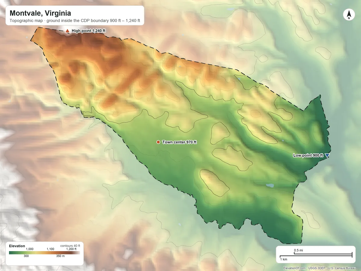 Topographic elevation map of Montvale, Virginia, shaded from 900 ft on the east side to 1,240 ft on the northwest edge, below higher ground just outside