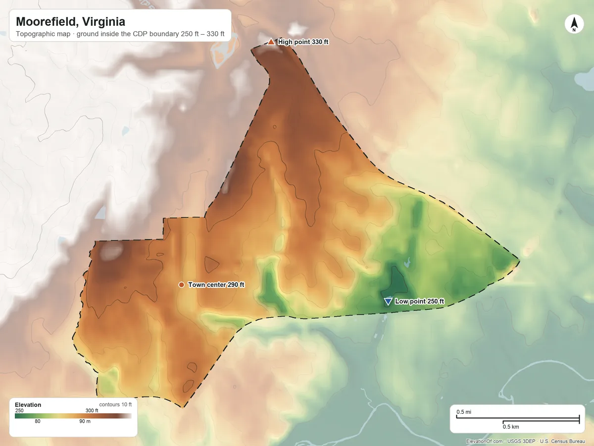 Topographic elevation map of Moorefield, Virginia, shaded from 250 ft on the east side to 330 ft on the north side