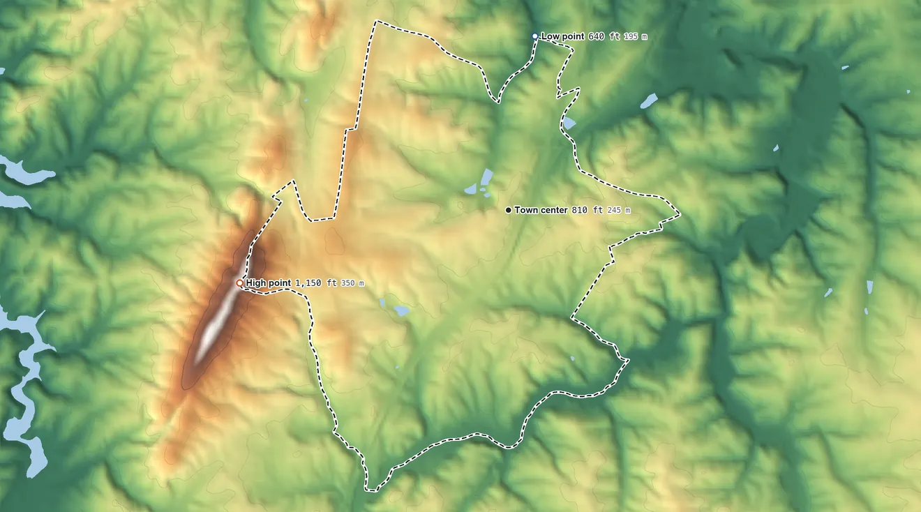 Topographic elevation map of Motley, Virginia, shaded from 640 ft on the north side to 1,150 ft on the west side