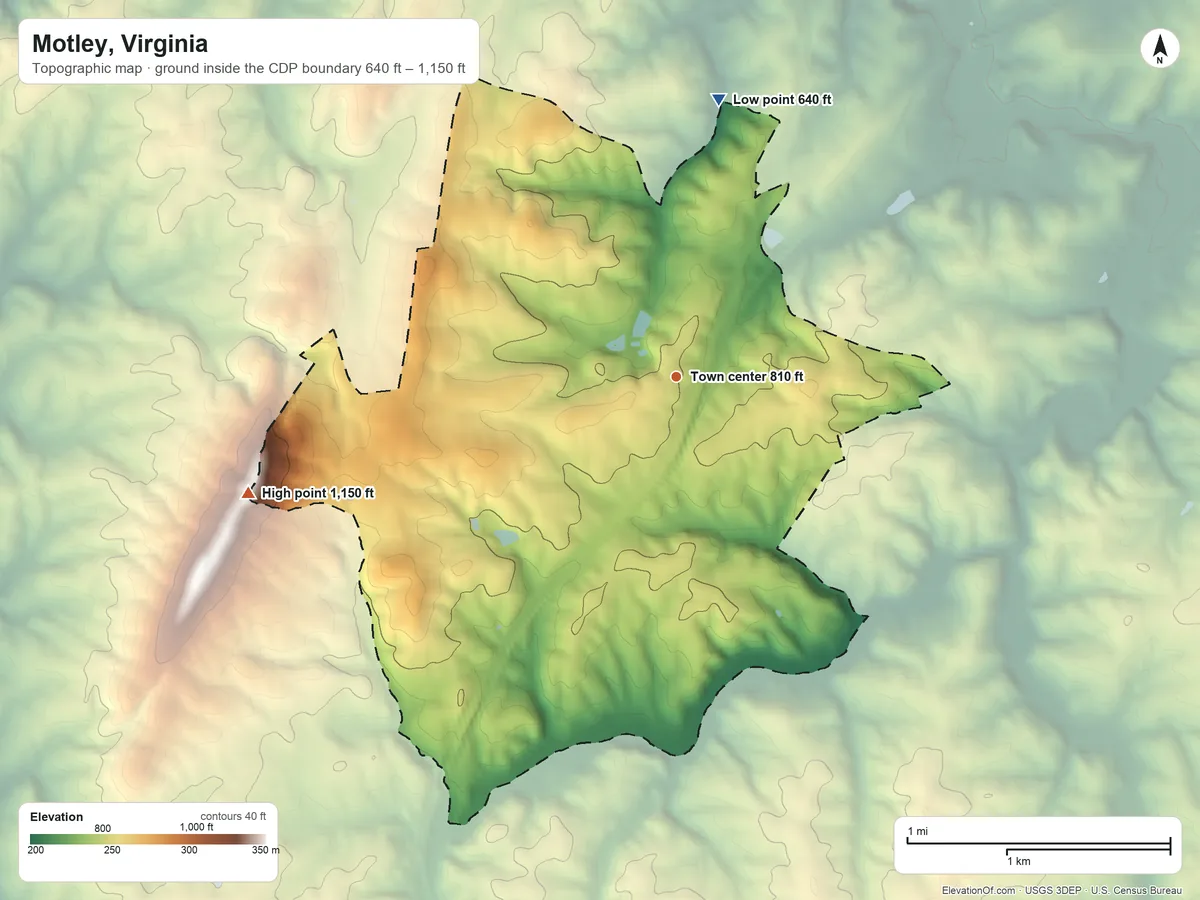 Topographic elevation map of Motley, Virginia, shaded from 640 ft on the north side to 1,150 ft on the west side