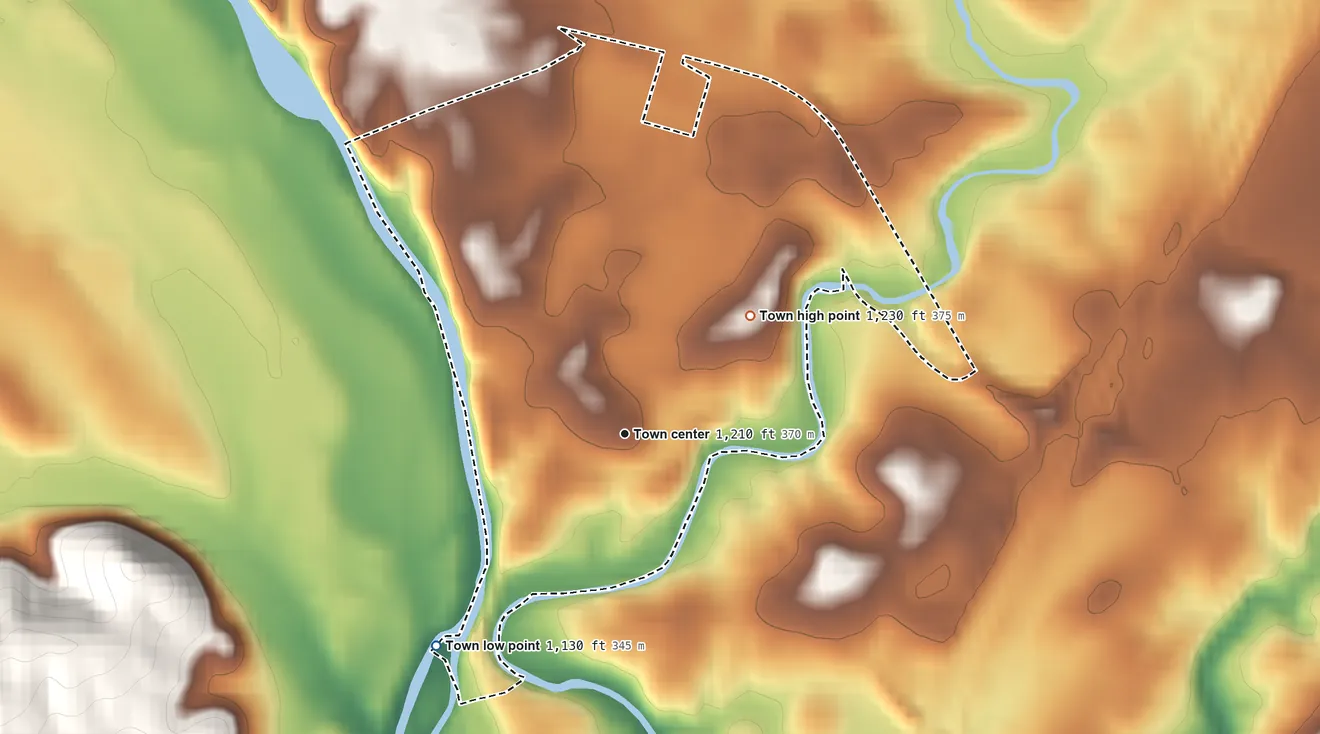 Topographic elevation map of Mount Crawford, Virginia, shaded from 1,130 ft on the southwest side to 1,230 ft on the northeast side