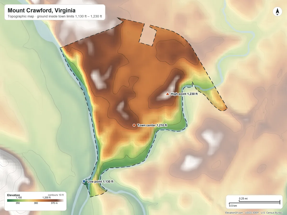 Topographic elevation map of Mount Crawford, Virginia, shaded from 1,130 ft on the southwest side to 1,230 ft on the northeast side