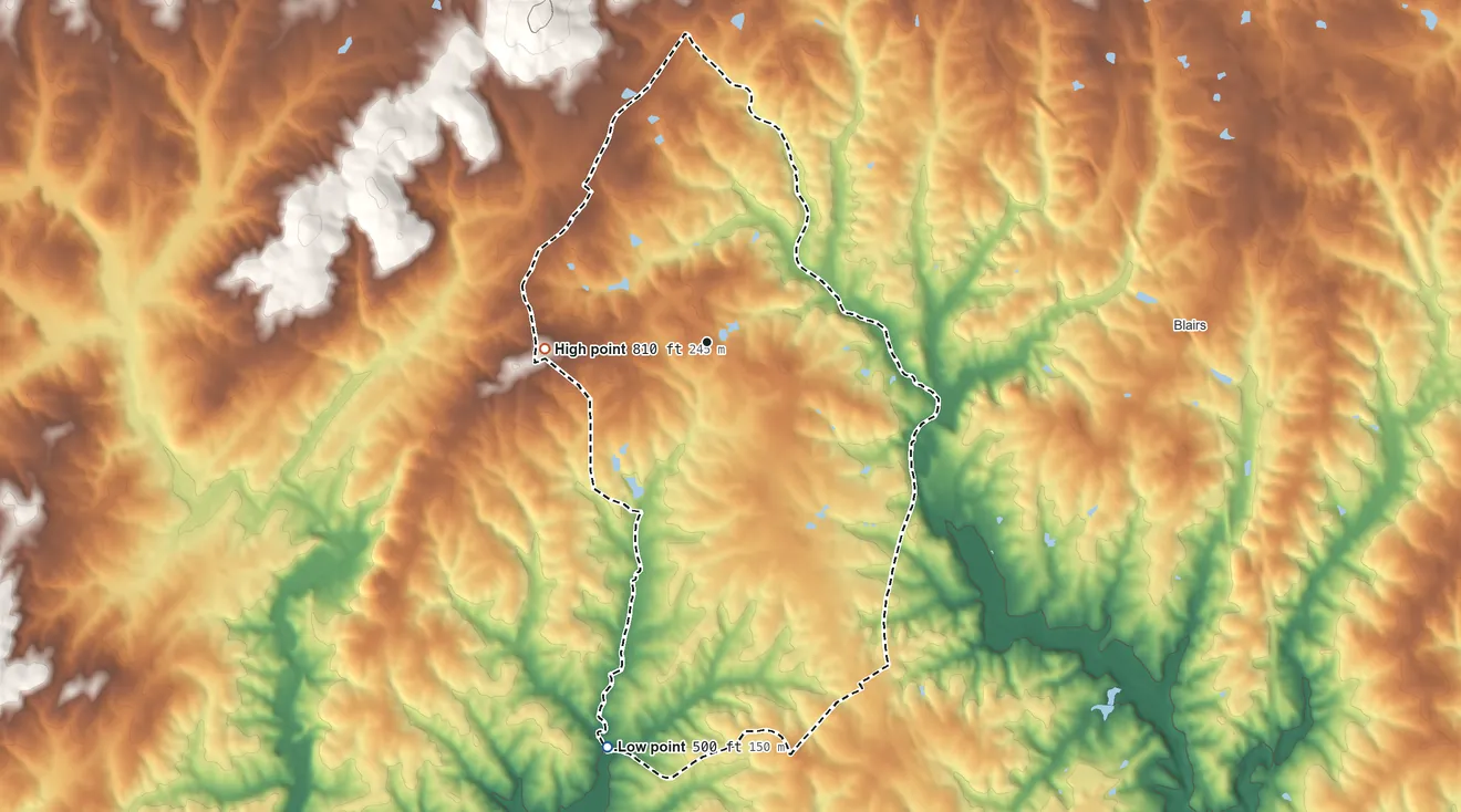 Topographic elevation map of Mount Hermon, Virginia, shaded from 500 ft on the south side to 810 ft on the west side
