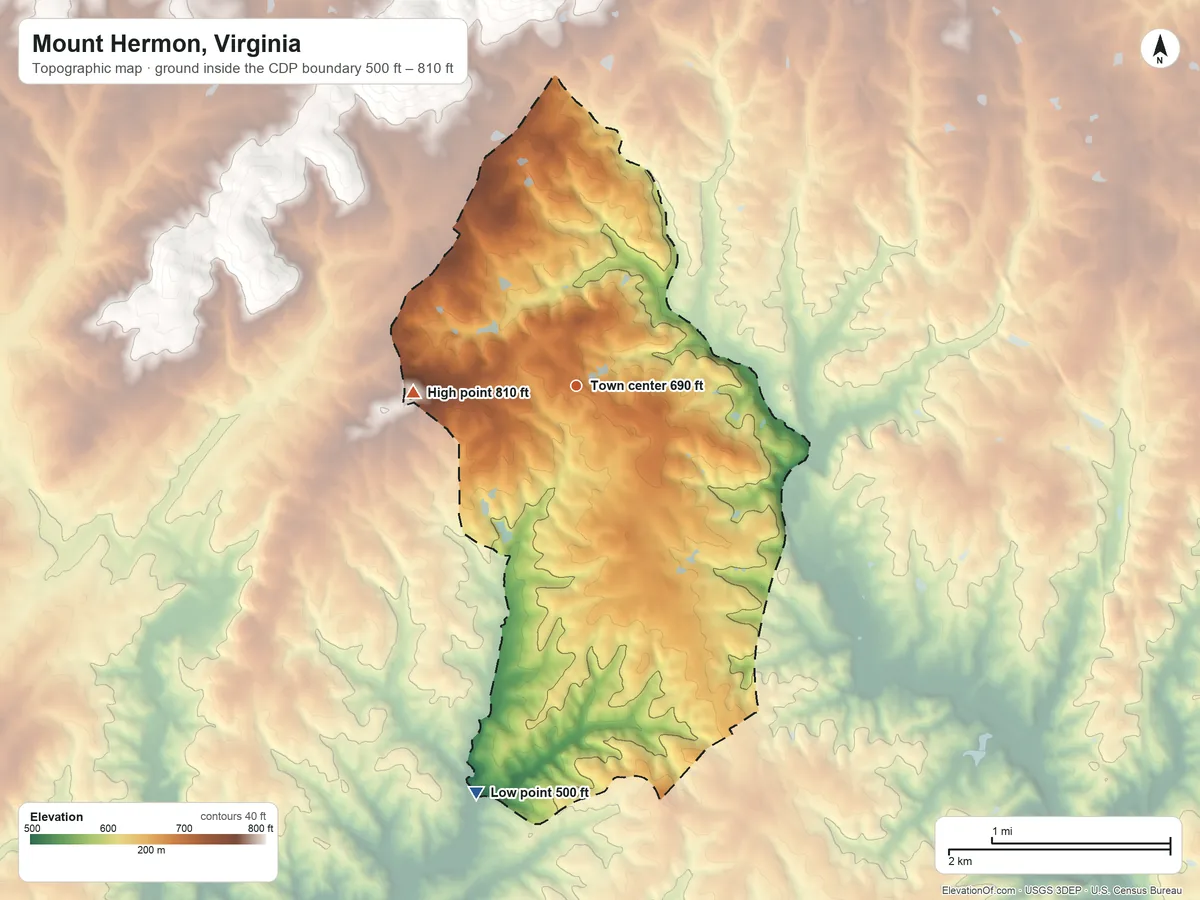 Topographic elevation map of Mount Hermon, Virginia, shaded from 500 ft on the south side to 810 ft on the west side
