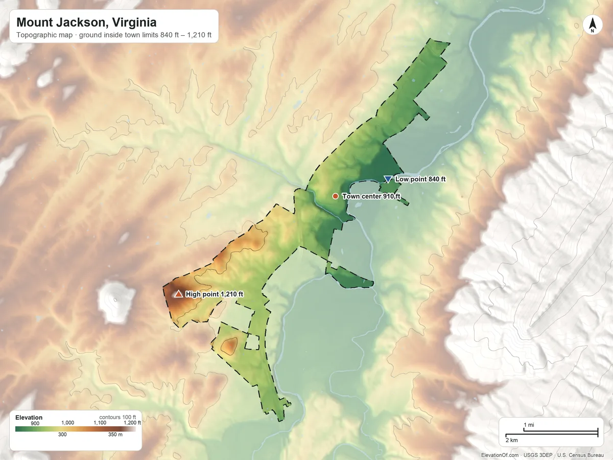 Topographic elevation map of Mount Jackson, Virginia, shaded from 840 ft on the east side to 1,210 ft on Turkey Knob