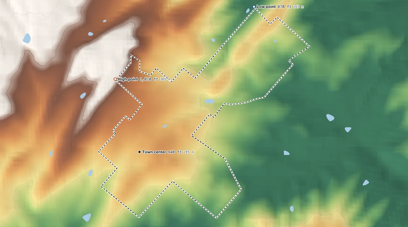 Topographic elevation map of Mount Olive, Virginia, shaded from 870 ft on the northeast side to 1,010 ft at the foot of the Little North Mountain