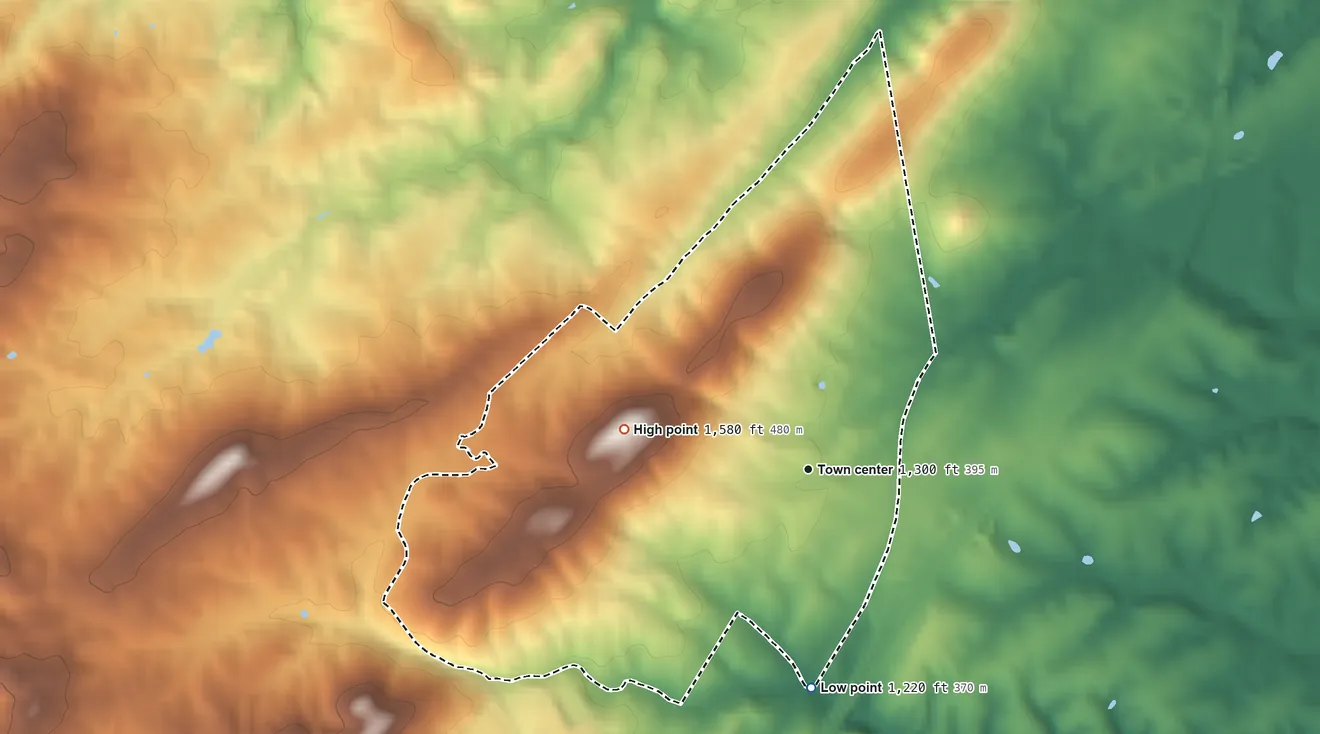 Topographic elevation map of Mount Sidney, Virginia, shaded from 1,220 ft on the south side to 1,580 ft on Mount Sidney