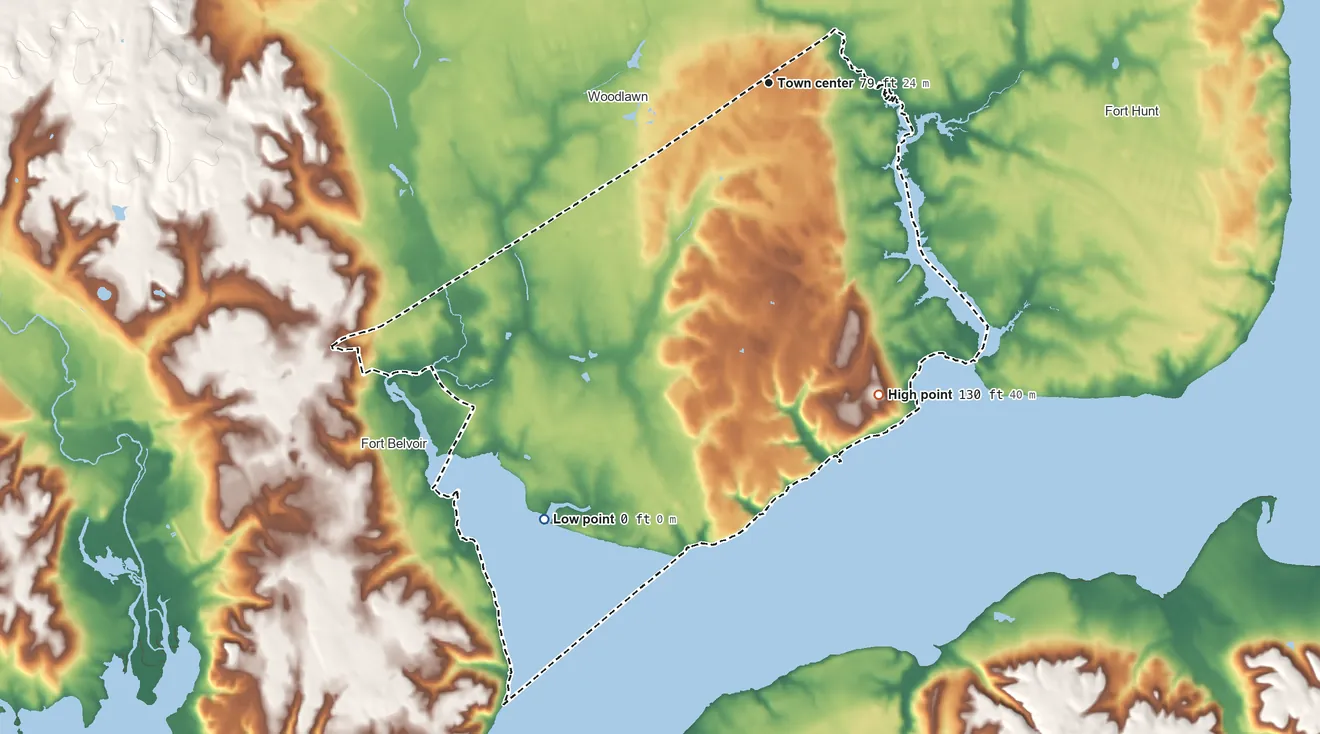 Topographic elevation map of Mount Vernon, Virginia, shaded from 0 ft on the southwest side to 130 ft on the south side