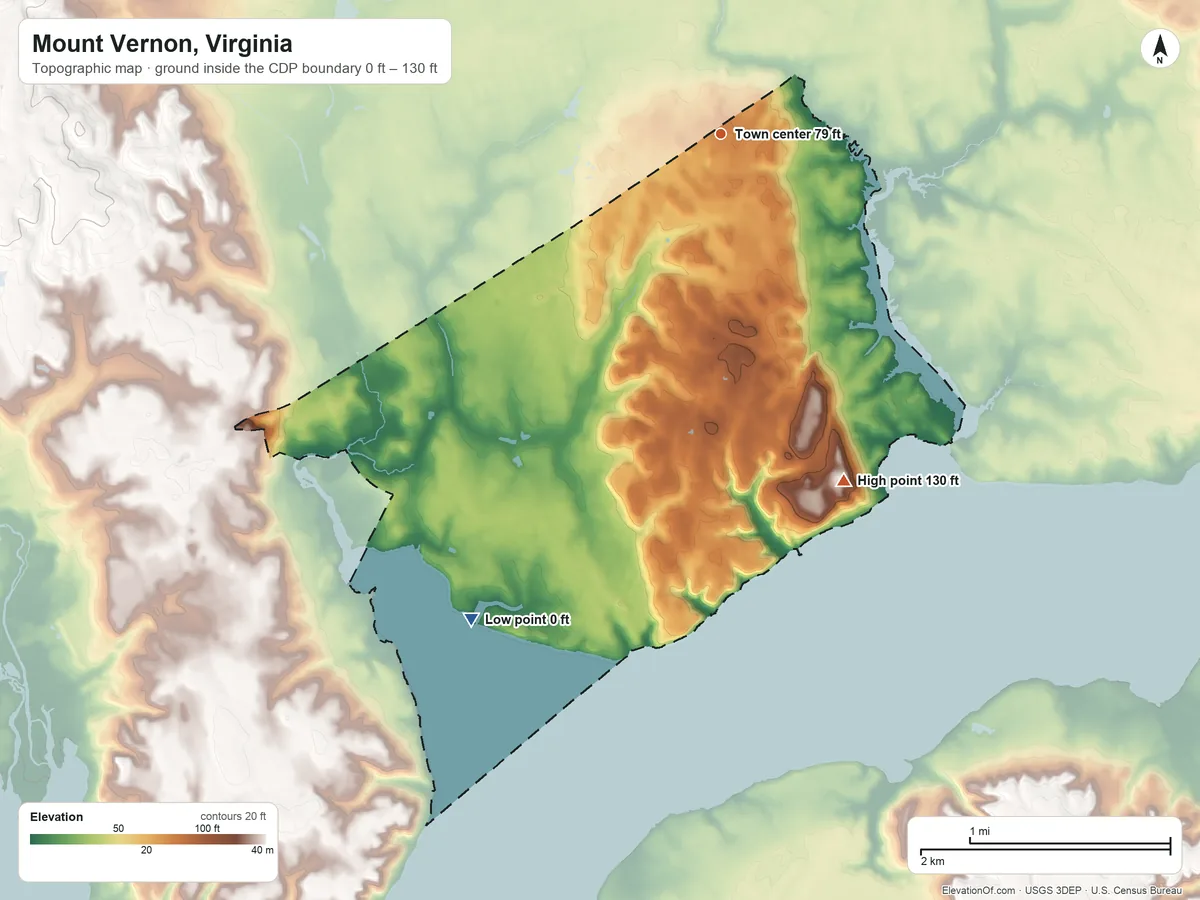 Topographic elevation map of Mount Vernon, Virginia, shaded from 0 ft on the southwest side to 130 ft on the south side