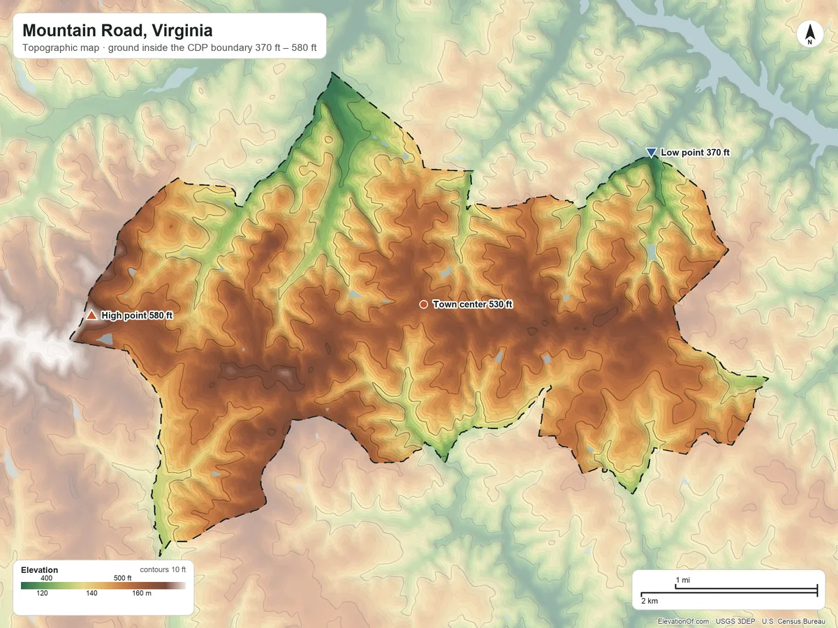 Topographic elevation map of Mountain Road, Virginia, shaded from 370 ft on the northeast side to 580 ft on the west side