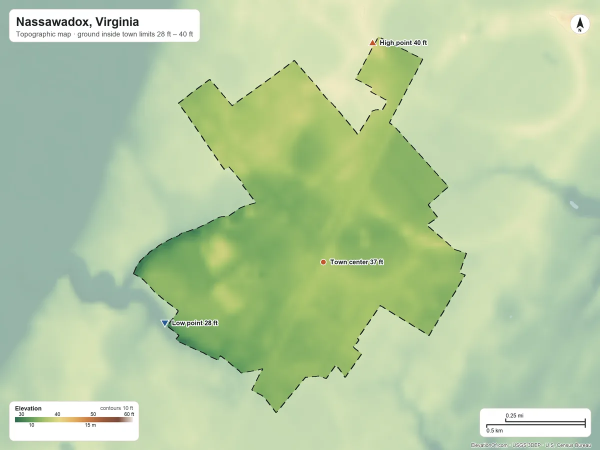 Topographic elevation map of Nassawadox, Virginia, shaded from 28 ft on the west side to 40 ft on the north side
