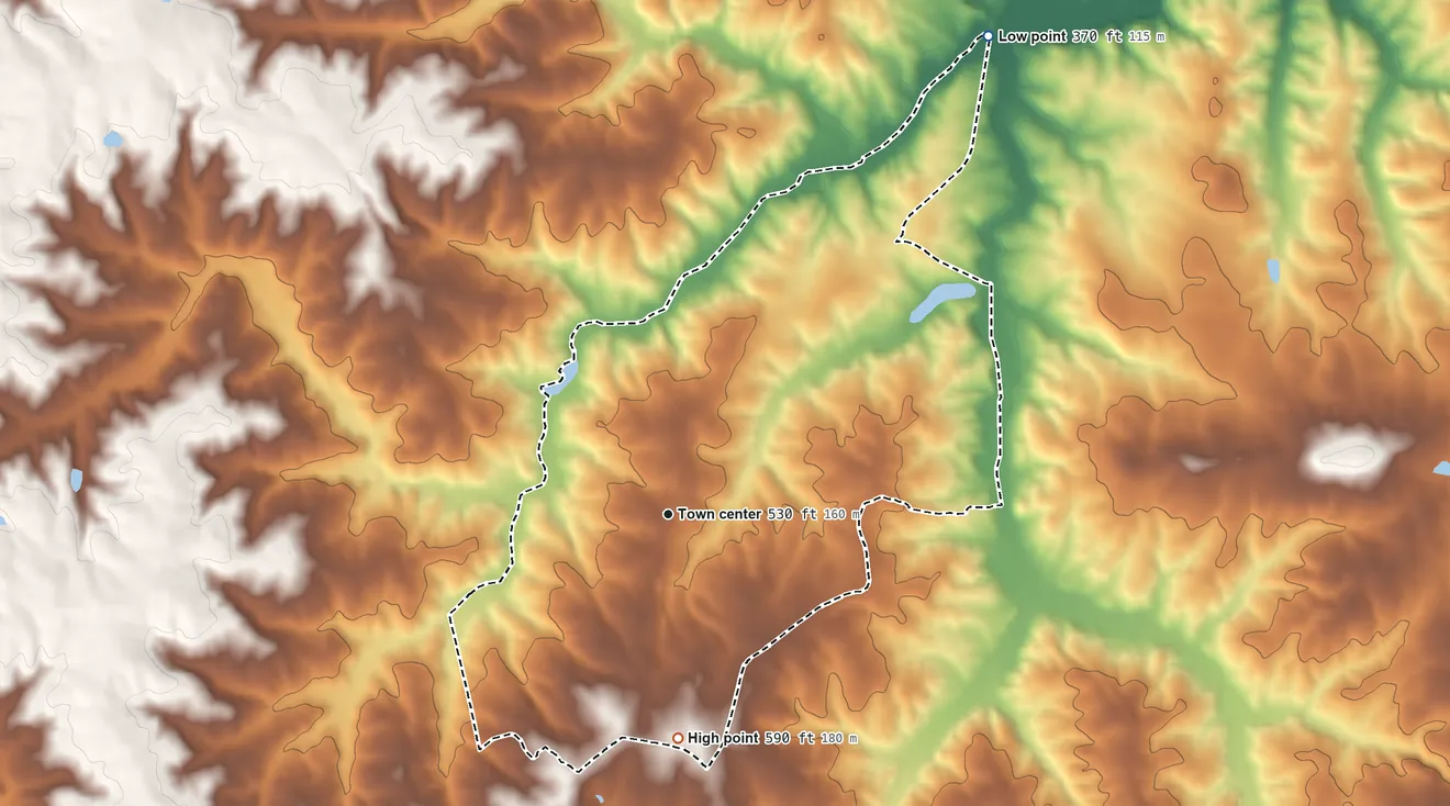 Topographic elevation map of Nathalie, Virginia, shaded from 370 ft on the northeast side to 590 ft on the south side