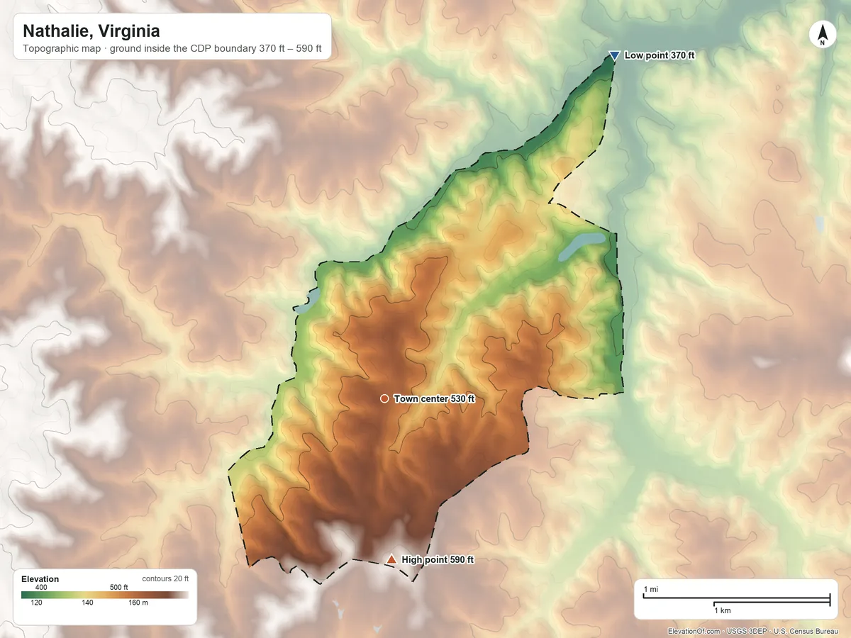 Topographic elevation map of Nathalie, Virginia, shaded from 370 ft on the northeast side to 590 ft on the south side