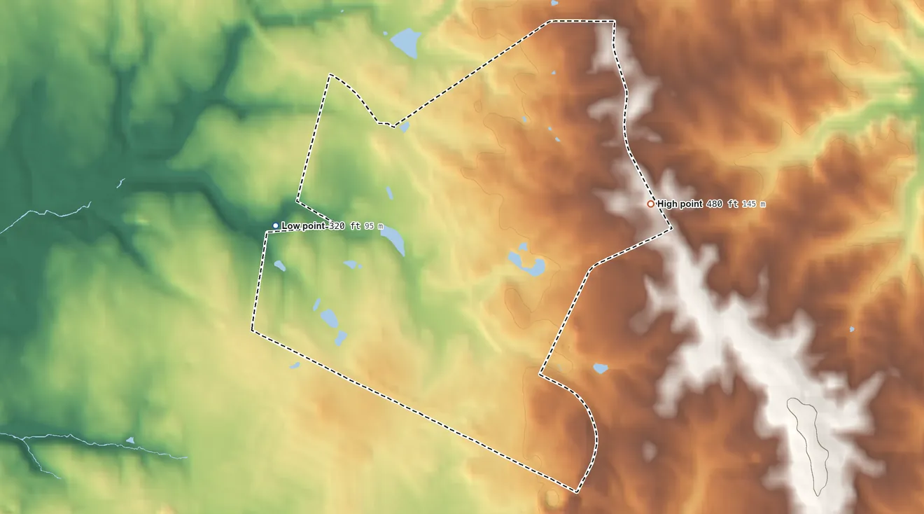 Topographic elevation map of Navy, Virginia, shaded from 320 ft on the west side to 480 ft on the northeast side