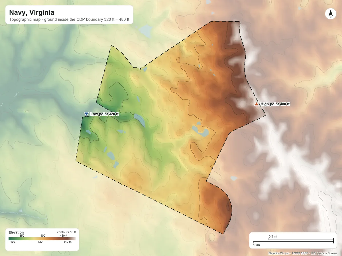 Topographic elevation map of Navy, Virginia, shaded from 320 ft on the west side to 480 ft on the northeast side