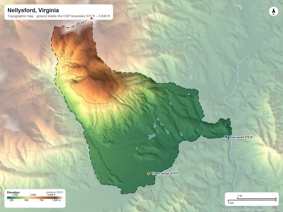 Topographic elevation map of Nellysford, Virginia, shaded from 570 ft on the northeast side to 3,630 ft on the north edge, below higher ground just outside