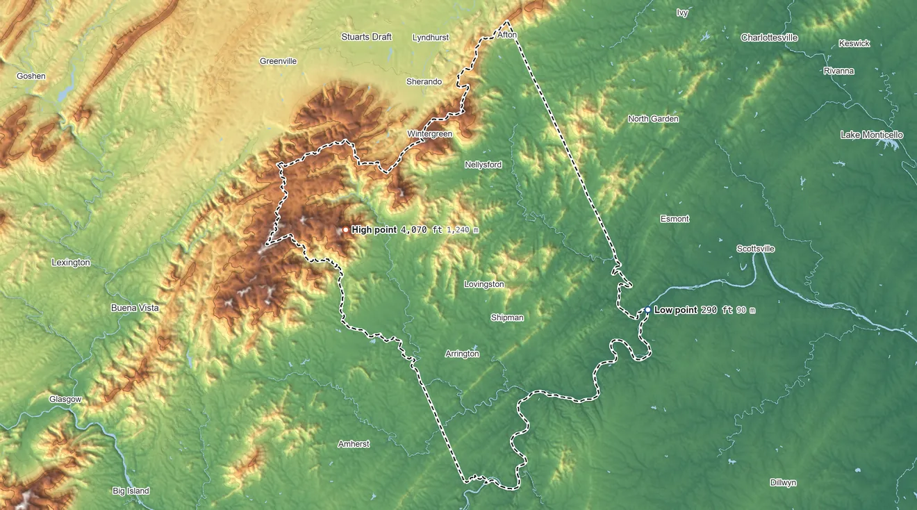Topographic elevation map of Nelson County, Virginia, shaded from 290 ft on the east side to 4,070 ft on The Priest
