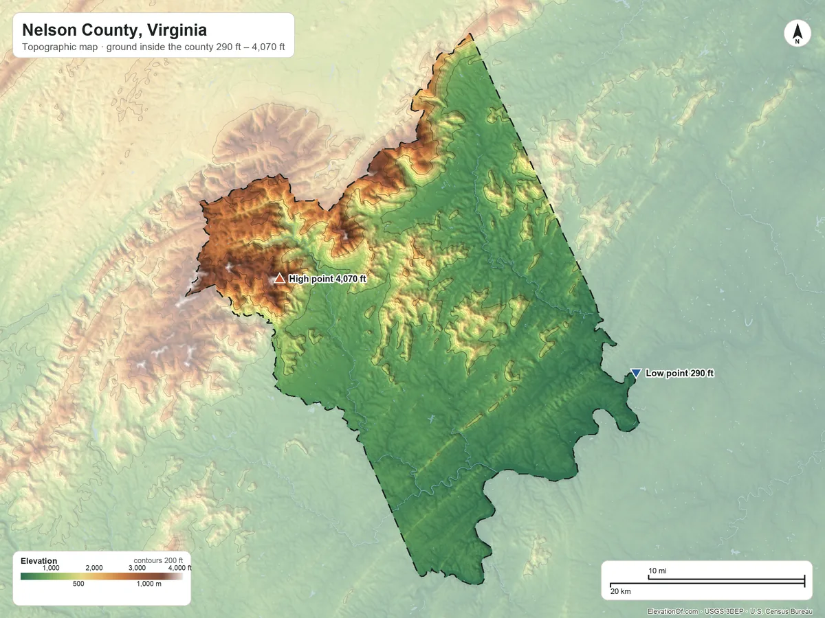 Topographic elevation map of Nelson County, Virginia, shaded from 290 ft on the east side to 4,070 ft on The Priest