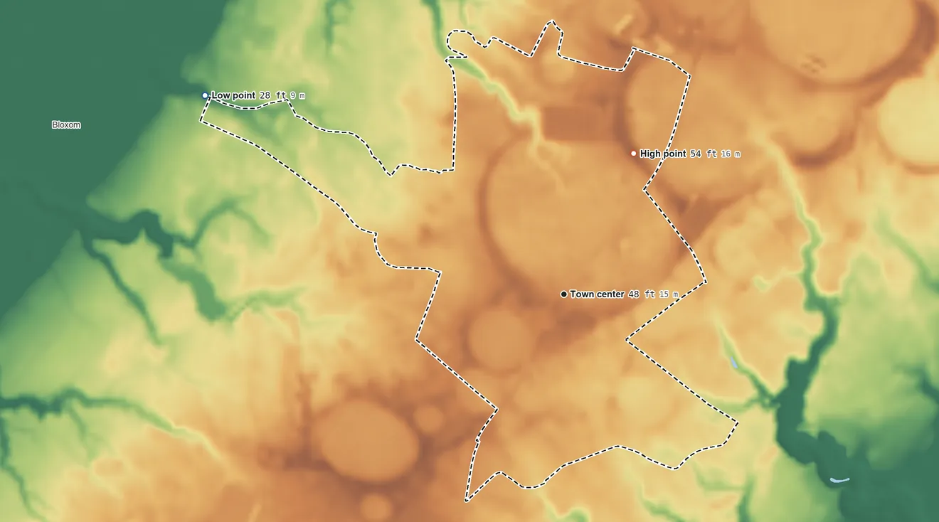 Topographic elevation map of Nelsonia, Virginia, shaded from 28 ft on the northwest side to 54 ft on the northeast side