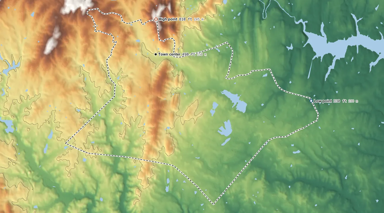 Topographic elevation map of New Baltimore, Virginia, shaded from 330 ft on the east side to 810 ft on the north side