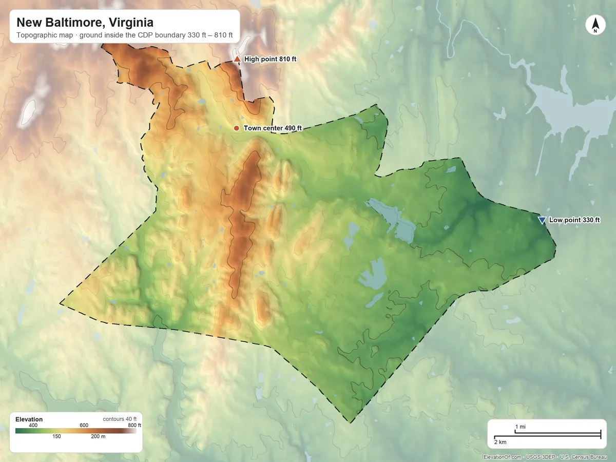 Topographic elevation map of New Baltimore, Virginia, shaded from 330 ft on the east side to 810 ft on the north side