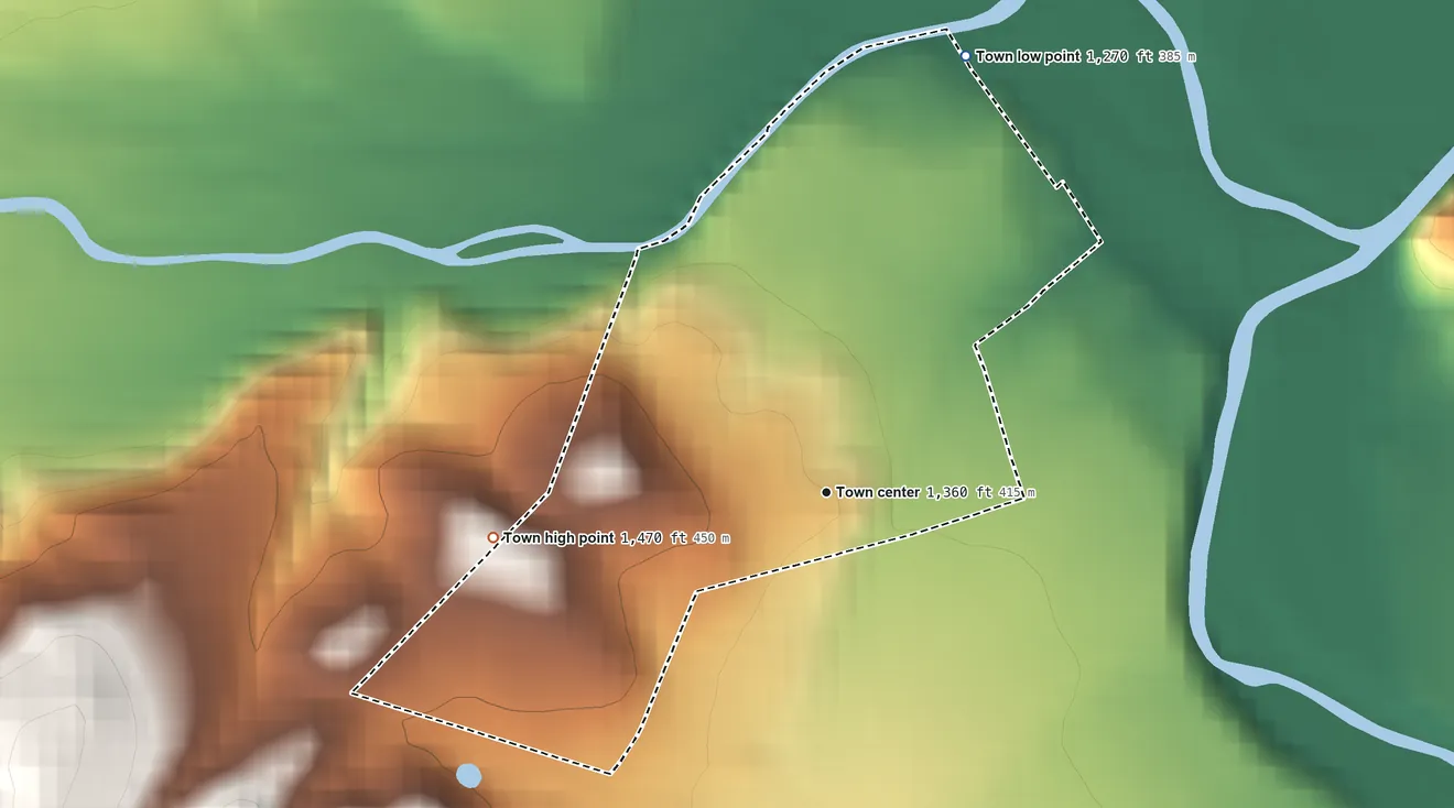 Topographic elevation map of New Castle, Virginia, shaded from 1,270 ft on the north side to 1,470 ft at the foot of the Peters Mountain