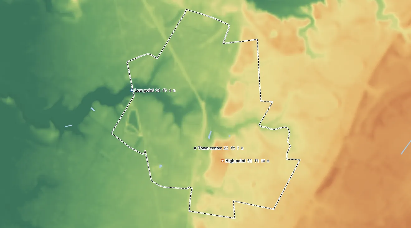 Topographic elevation map of New Church, Virginia, shaded from 14 ft on the northwest side to 31 ft on the southeast side