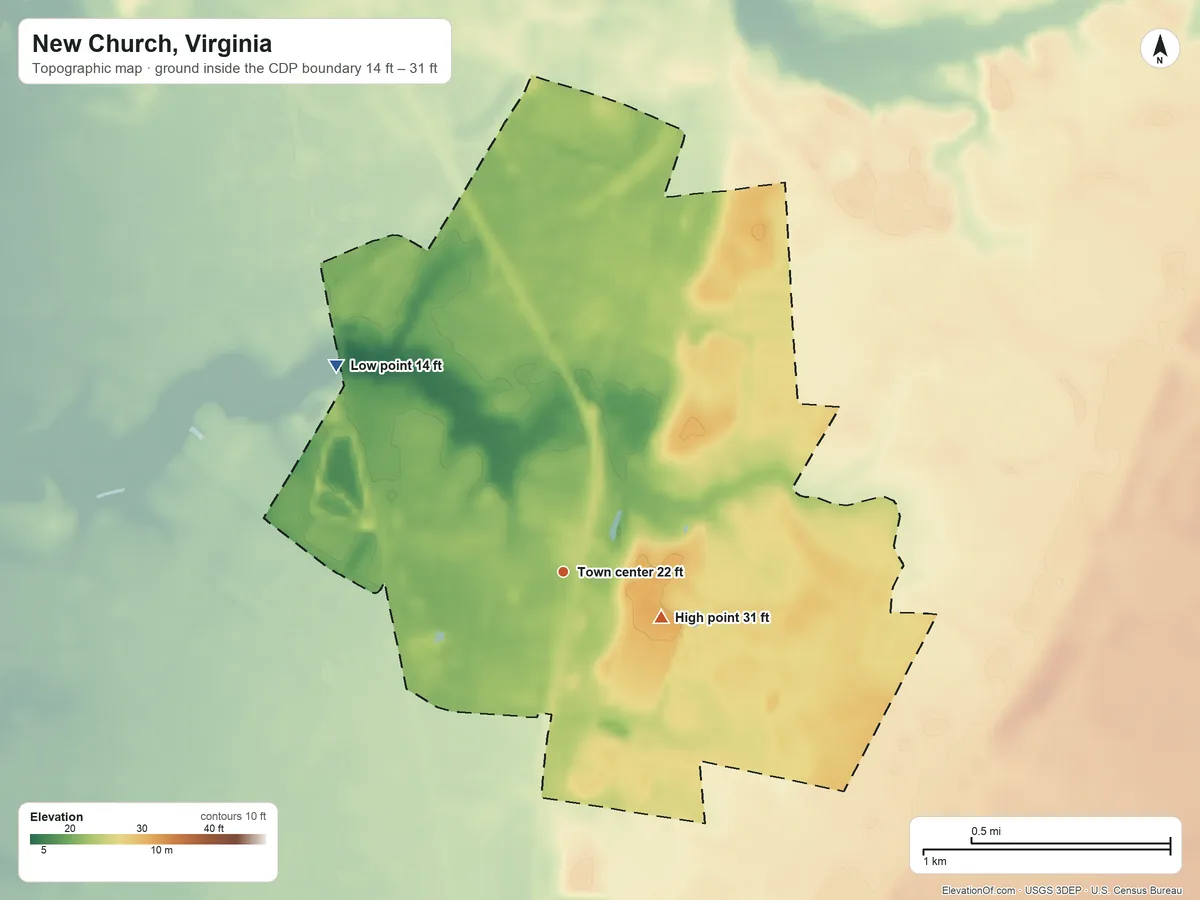 Topographic elevation map of New Church, Virginia, shaded from 14 ft on the northwest side to 31 ft on the southeast side