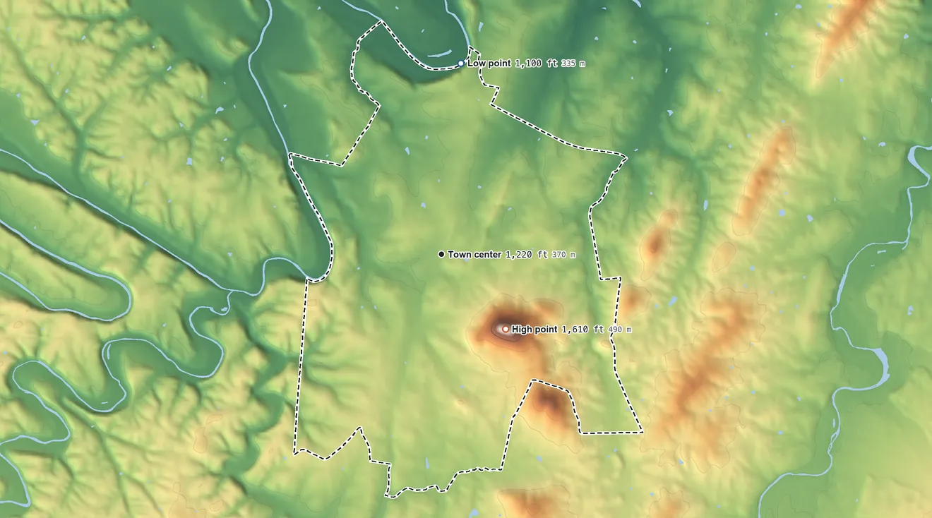 Topographic elevation map of New Hope, Virginia, shaded from 1,100 ft on the north side to 1,610 ft on Round Hill