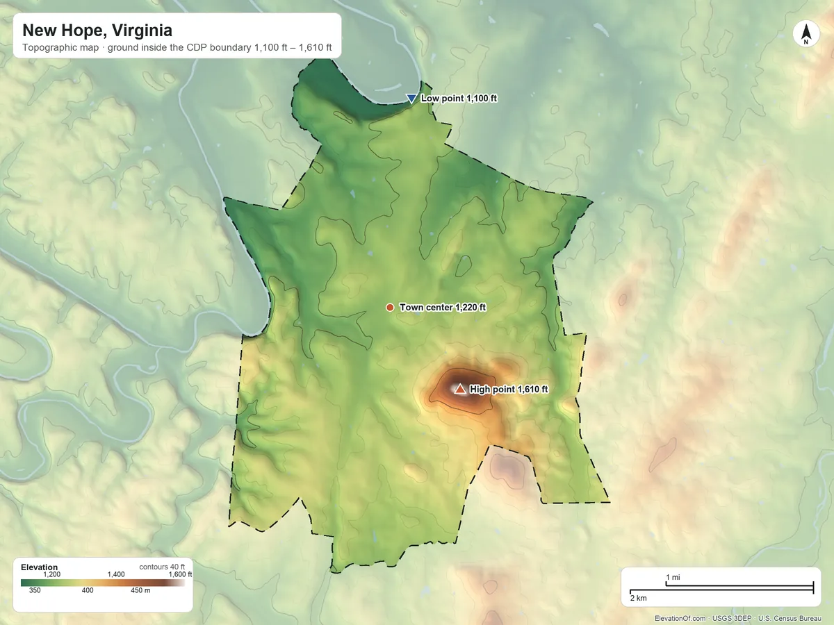 Topographic elevation map of New Hope, Virginia, shaded from 1,100 ft on the north side to 1,610 ft on Round Hill