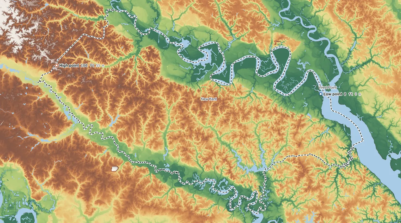 Topographic elevation map of New Kent County, Virginia, shaded from 0 ft on the east side to 180 ft on the west side