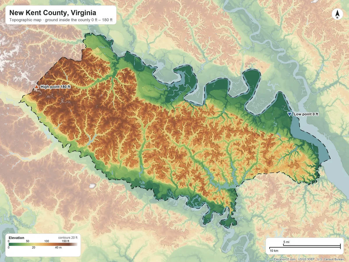 Topographic elevation map of New Kent County, Virginia, shaded from 0 ft on the east side to 180 ft on the west side