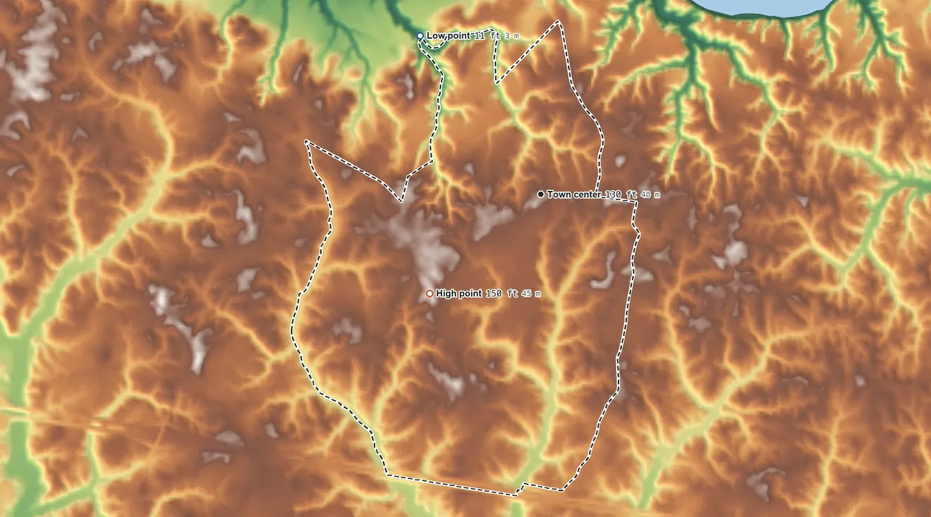 Topographic elevation map of New Kent, Virginia, shaded from 11 ft on the northwest side to 150 ft on the southwest side