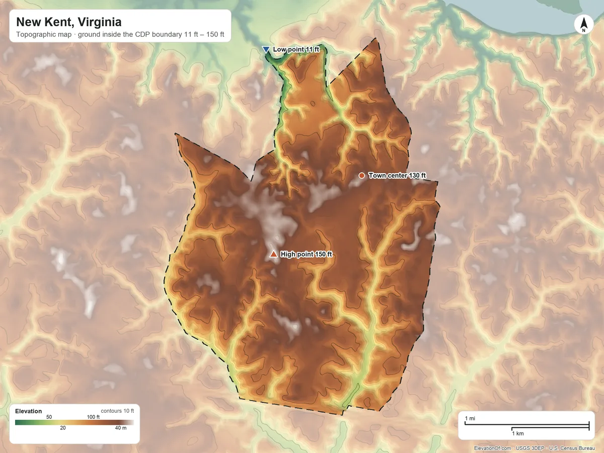 Topographic elevation map of New Kent, Virginia, shaded from 11 ft on the northwest side to 150 ft on the southwest side
